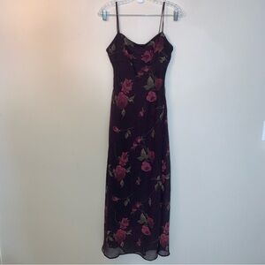 Vintage Purple Pink Floral Maxi Dress with Spaghetti Straps